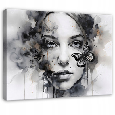 Tableau représentant un visage de femme avec des papillons, aquarelle sur toile, 60 x 40 cm, pour la chambre à coucher ou le salon