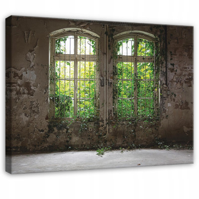 Tableau 3D représentant une forêt et un vieux bâtiment, vue sur la chambre et le salon, sur toile 40 x 30