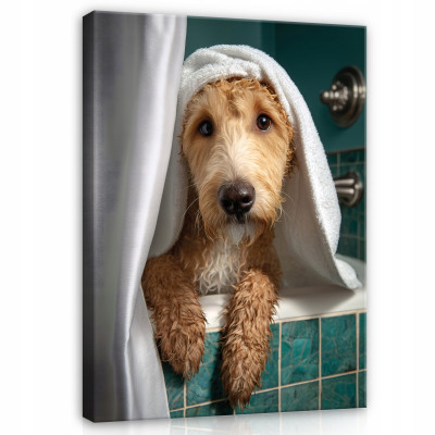 Tableau pour salle de bain ou toilettes : chien rigolo dans une baignoire, sur toile 90 x 60