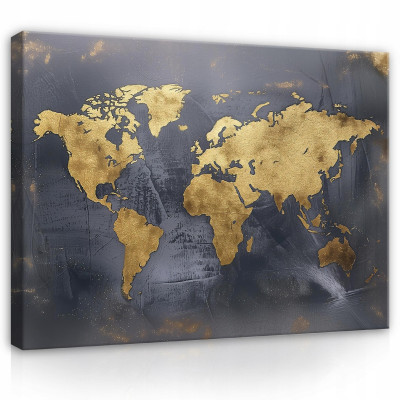 Tableau carte du monde noir et doré moderne sur toile murale 100x70