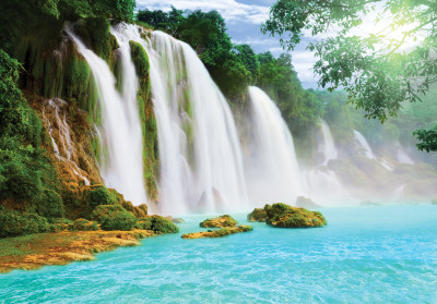Papier peint cascade rivière turquoise jungle nature salon