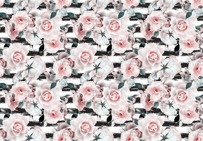 Papier peint roses rose rayures noir blanc glamour motif salon