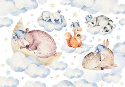 Papier peint animaux endormis aquarelle nuages lune chambre enfant