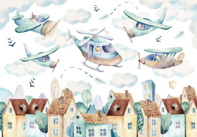 Papier peint avions hélicoptère ville aquarelle chambre enfant