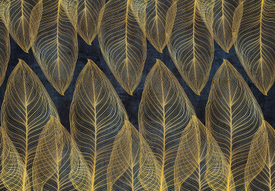 Papier peint feuilles dorées bleu marine glamour art déco lignes salon