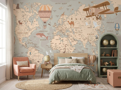 Papier peint pour enfants carte du monde animaux papier peint mural 400x280