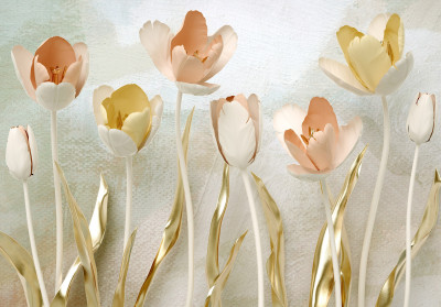 Papier peint tulipes 3D pastel crème or fleurs salon
