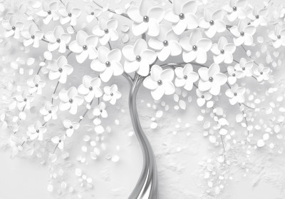 Papier peint 3D arbre fleurs blanches argent glamour salon