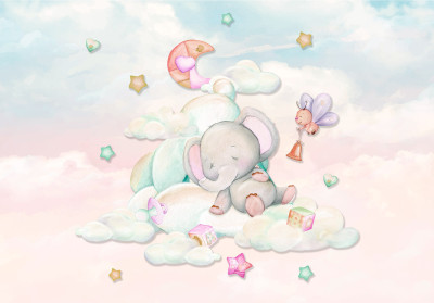 Papier peint bébé éléphant nuages lune pastel conte chambre enfant