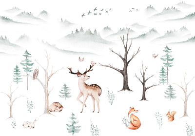 Papier peint forêt animaux aquarelle cerf renard chambre enfant