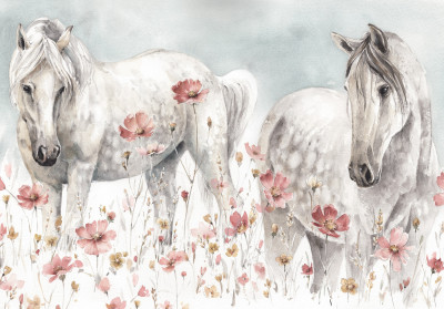 Papier peint chevaux blancs aquarelle coquelicots prairie pastel salon