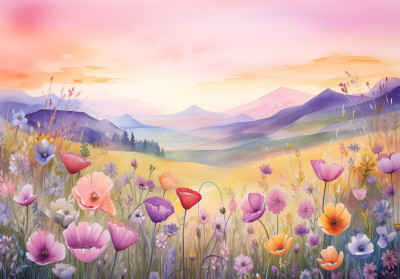 Papier peint prairie fleurs montagnes coucher soleil aquarelle pastel enfant