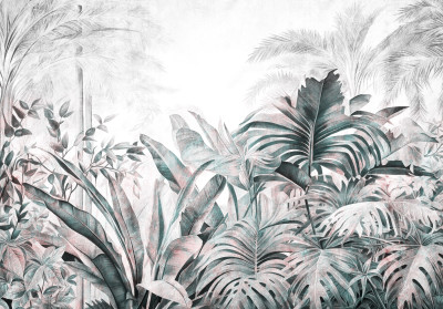 Papier peint jungle monstera bananier gris rose botanique salon
