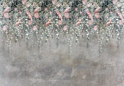 Papier peint cacatoès eucalyptus protea béton loft salon