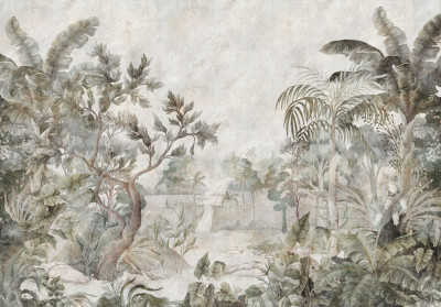 Papier peint jungle cascade bananiers vintage vert paysage salon