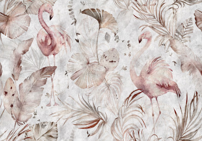 Papier peint flamants tropicaux feuilles vintage rose beige salon