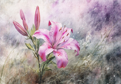 Papier peint lys rose aquarelle bourgeons violet texture salon