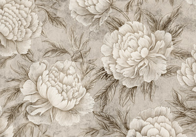 Papier peint pivoines vintage beige écru croquis feuilles glamour