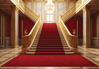 Papier peint 3D palais escalier tapis rouge or baroque hall