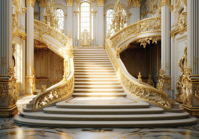 Papier peint 3D palais escalier baroque marbre blanc or intérieur