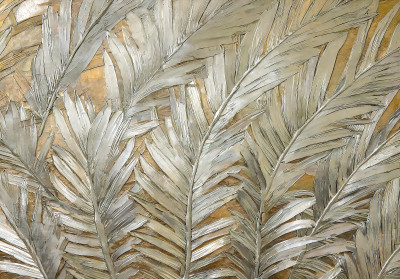 Papier peint feuilles palmier 3D argent or glamour salon