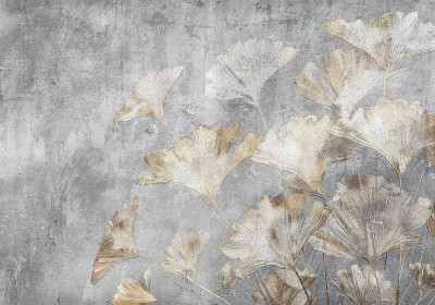 Papier peint ginkgo feuilles or béton gris loft salon