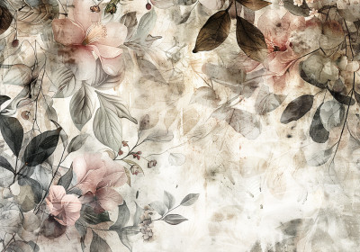 Papier peint vintage hibiscus fleurs feuilles pastel rose salon