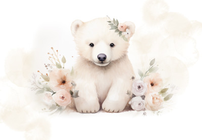 Papier peint bébé ours polaire aquarelle fleurs chambre enfant