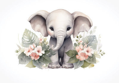 Papier peint bébé éléphant aquarelle fleurs feuilles chambre enfant