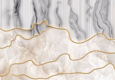 Papier peint marbre beige gris or lignes 3D glamour salon