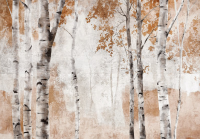Papier peint forêt bouleaux automne feuilles vintage rouille salon