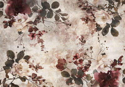Papier peint fleurs vintage bordeaux crème rose romantique salon