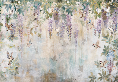 Papier peint glycine oiseaux vintage violet romantique salon