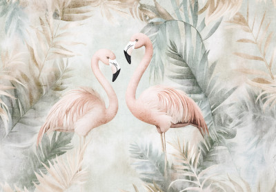 Papier peint flamants tropical feuilles pastel bohème chambre enfant