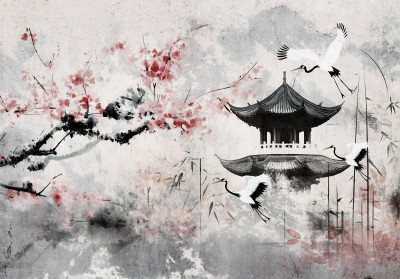 Papier peint asie cerisier pagode grues encre orient salon