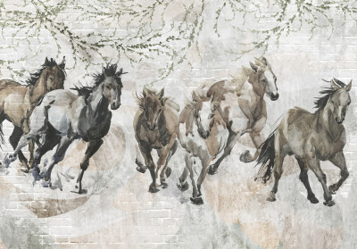 Papier peint chevaux aquarelle galop briques vintage beige salon