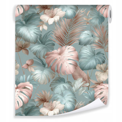 Papier peint à motifs de feuilles pastel sur intissé pour le salon ou la chambre à coucher