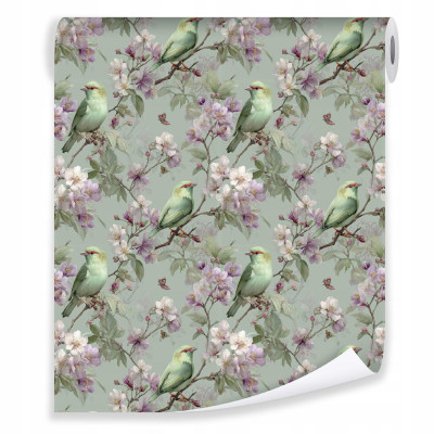 Papier peint fleurs et oiseaux sur intissé pour le salon ou la chambre à coucher
