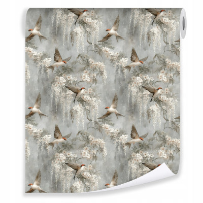 Papier peint fleurs et oiseaux sur intissé pour le salon ou la chambre à coucher