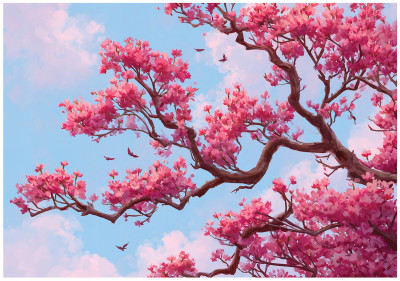 Papier peint mural avec motif de cerisier en fleurs roses et ciel, pour chambre à coucher ou salon, papier peint intissé, 200 x 140 cm