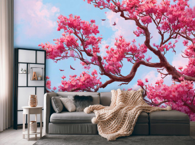Papier peint mural « Arbre de sakura et ciel rose » pour chambre à coucher ou salon, papier peint intissé