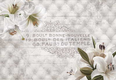 Papier peint mural « Lys blancs » sur fond tufté vintage pour salon ou chambre