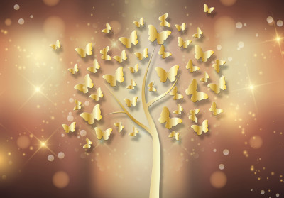 Papier peint mural avec motif d'arbre, papillons, bokeh doré et brun – pour salon ou chambre à coucher – papier peint intissé