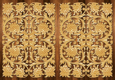 Papier peint mural représentant des fleurs ornées de motifs dorés sculptés sur bois pour le salon