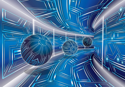 Papier peint mural 3D « Tunnel de sphères bleues » – style science-fiction pour bureau ou salon