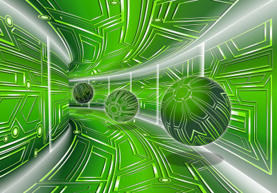 Papier peint mural 3D « Tunnel de sphères » vert, style science-fiction, pour bureau ou salon