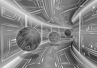 Papier peint mural 3D « Tunnel de sphères argentées » pour salon de style science-fiction