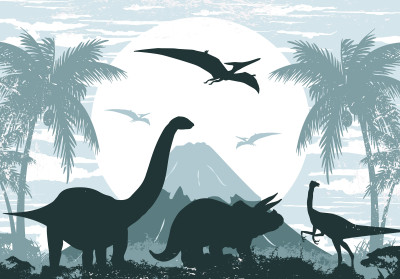 Papier peint mural avec des silhouettes de dinosaures et des palmiers pour chambre d'enfant