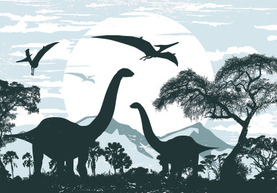 Papier peint mural avec des dinosaures, un paysage et des arbres pour chambre d'enfant