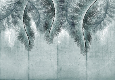 Papier peint mural plumes feuilles de palmier gris-vert salon